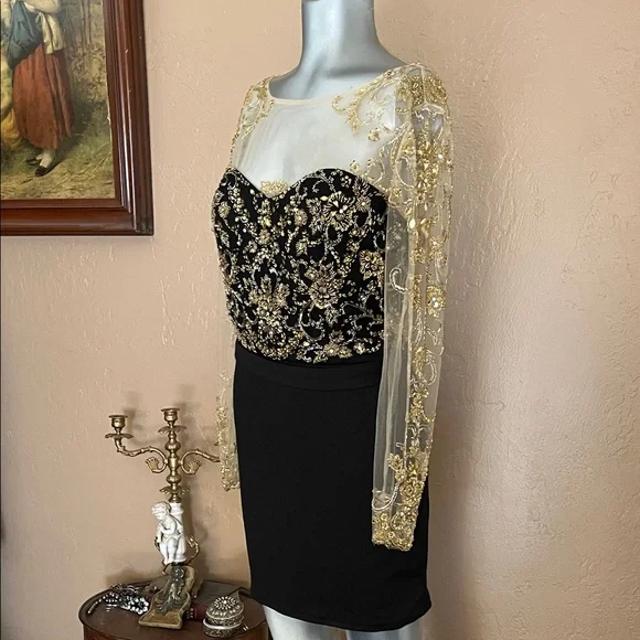 Vintage Eureka Black and Gold Embroidered Long Sleeve Dress.  Sz 10 - Picture 8 of 11